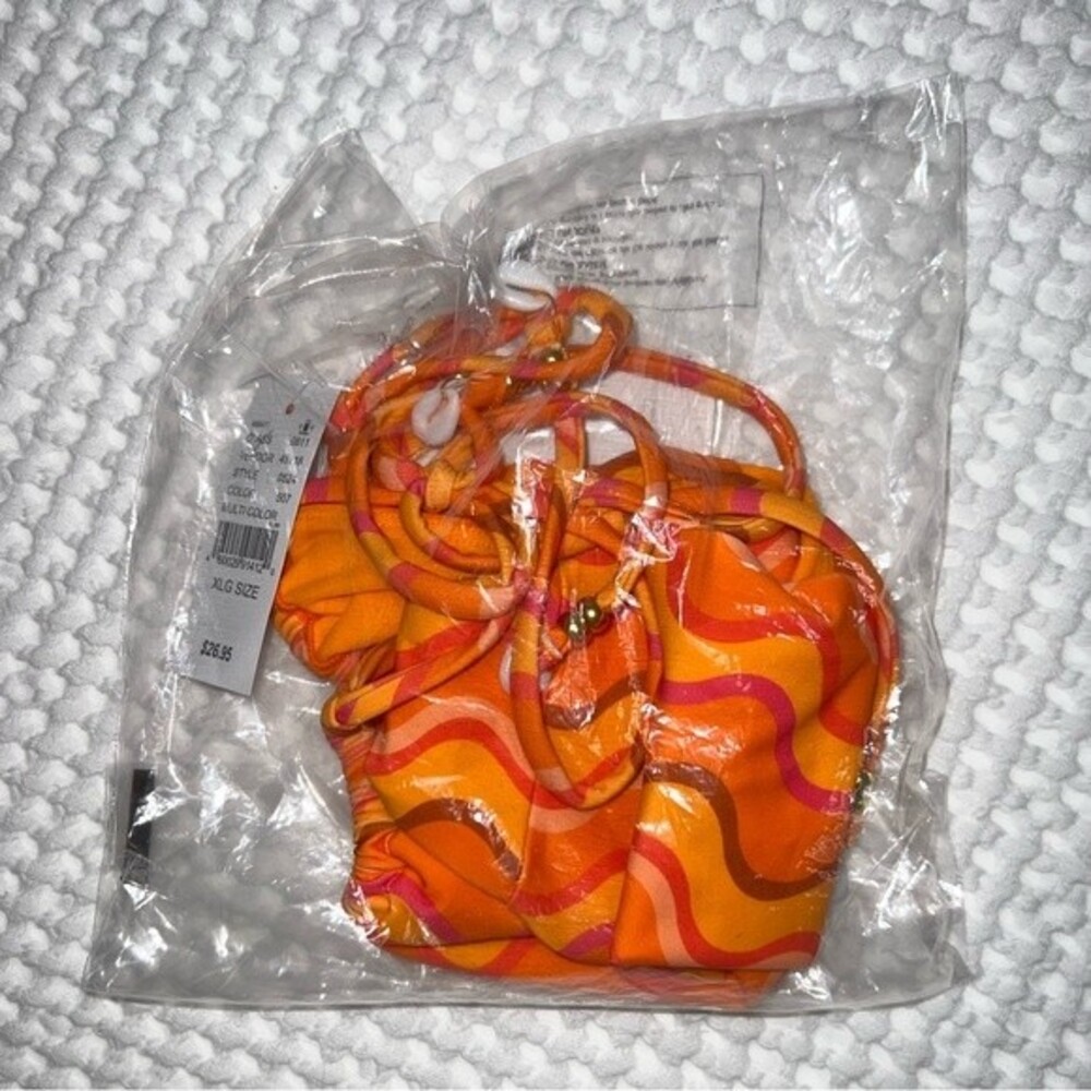 Kendall + Kylie Bikini Bottoms Womens XL Orange Splash High Cut Side Tie B3 - Picture 5 of 9